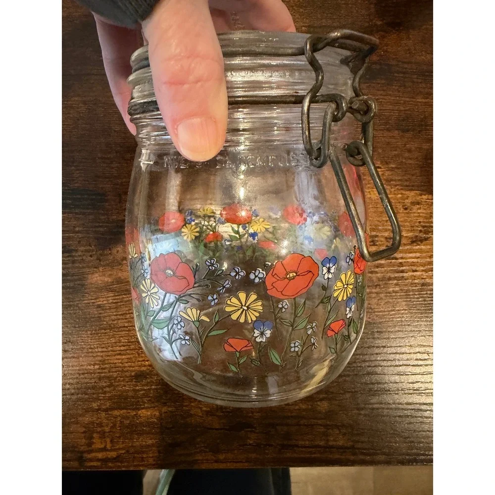 Vintage Arc France Glass Canister 1L Floral Poppy Daisy Bail Top Jar